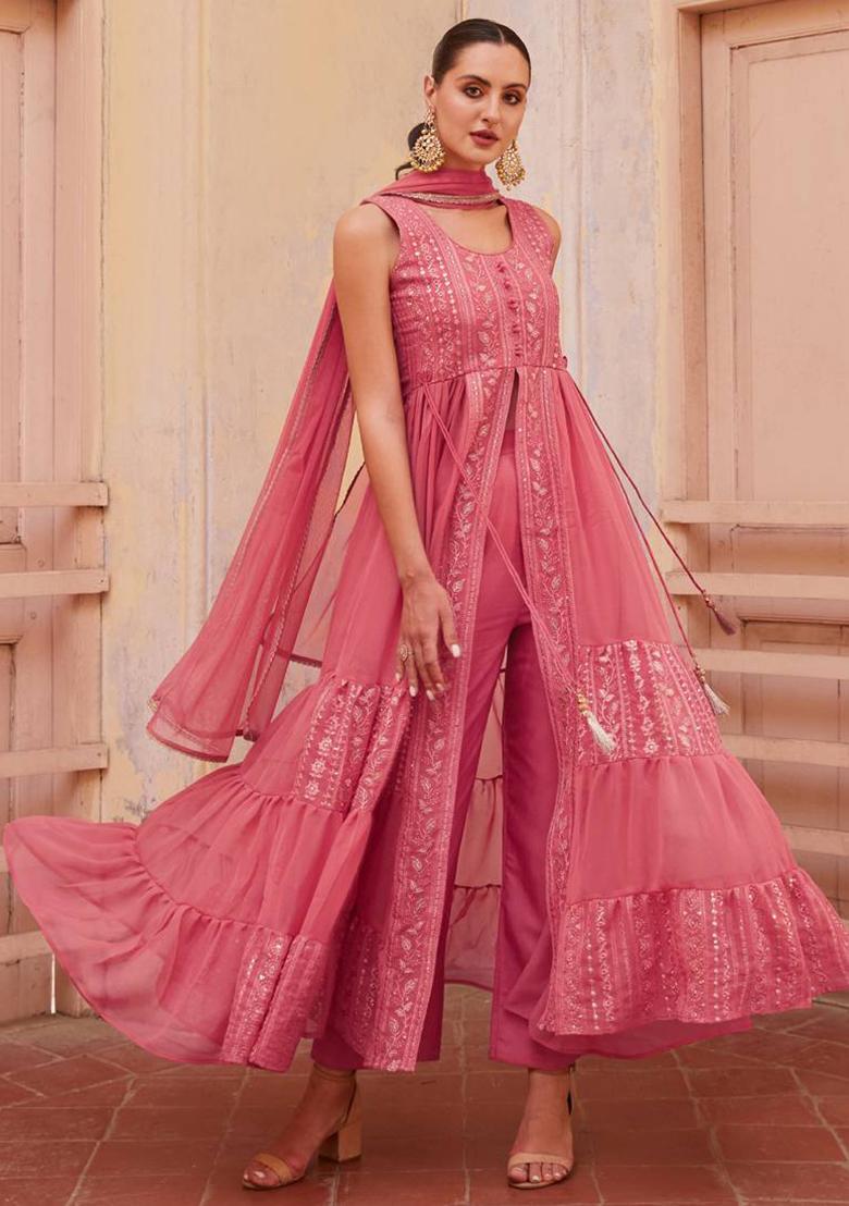 Peach Embroidered Georgette Kurta Set