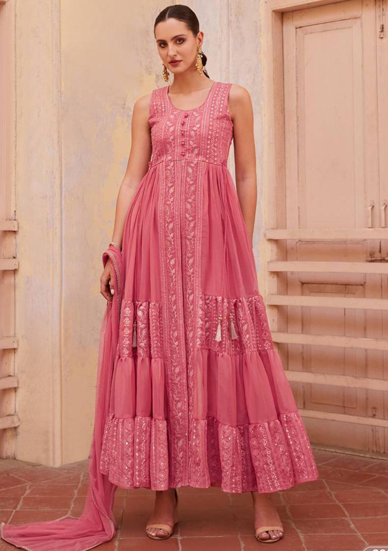 Peach Embroidered Georgette Kurta Set