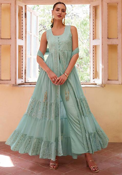 Sky Blue Embroidered Georgette Kurta Set