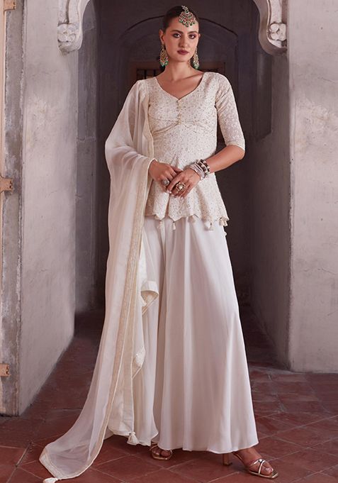 Off White Embroidered Georgette Sharara Set