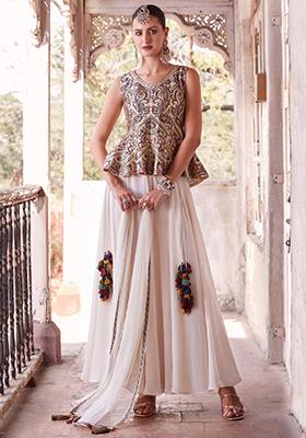 Off White Embroidered Georgette Sharara Set