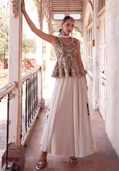White & Orange Georgette Sharara Set With Mirror Sequins & Handwork