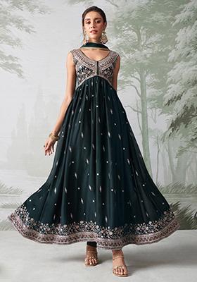 Green Thread Embroidered Georgette Anarkali Set