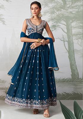 Teal Blue Thread Embroidered Georgette Anarkali With Dupatta
