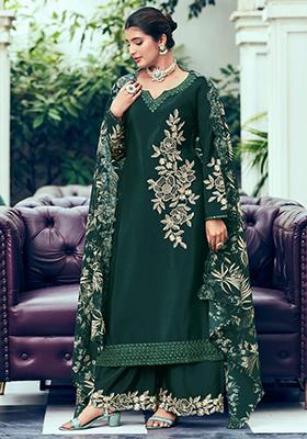 Dark Green Embroidered Chinon Kurta Set