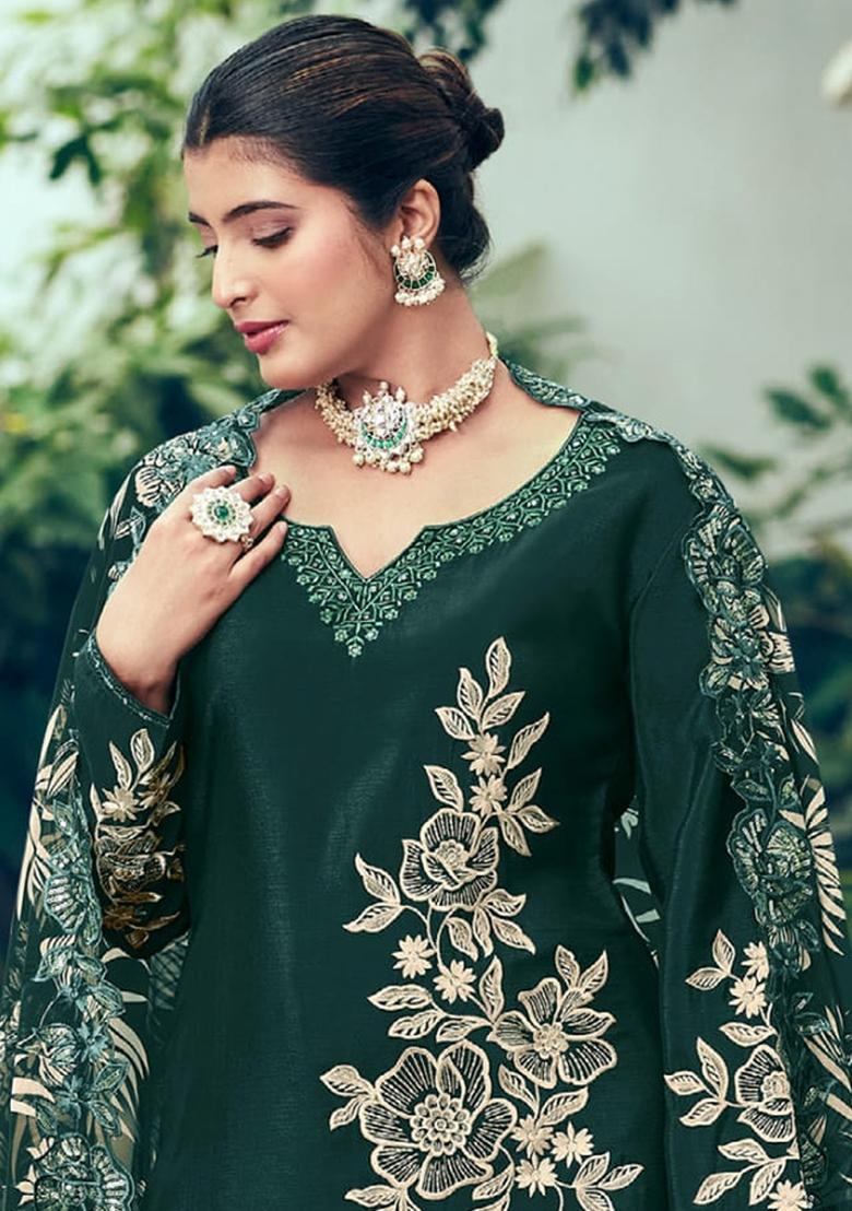 Dark Green Embroidered Chinon Kurta Set