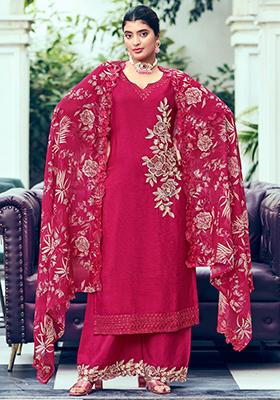 Rani Pink Embroidered Chinon Kurta Set