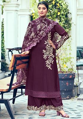 Violet Embroidered Chinon Kurta Set