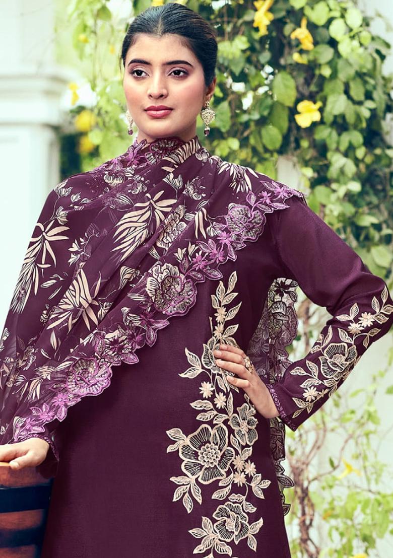 Violet Embroidered Chinon Kurta Set