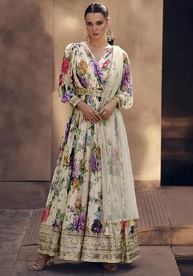 Off White Embroidered Georgette Anarkali Set