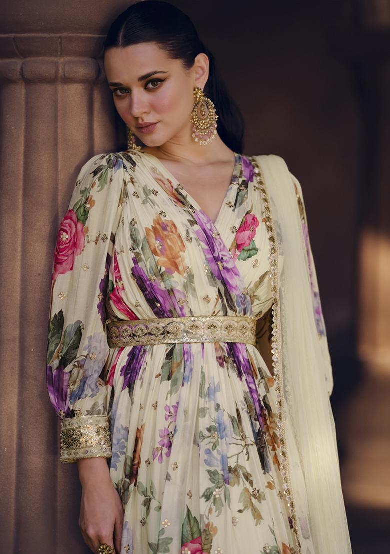 Off White Embroidered Georgette Anarkali Set