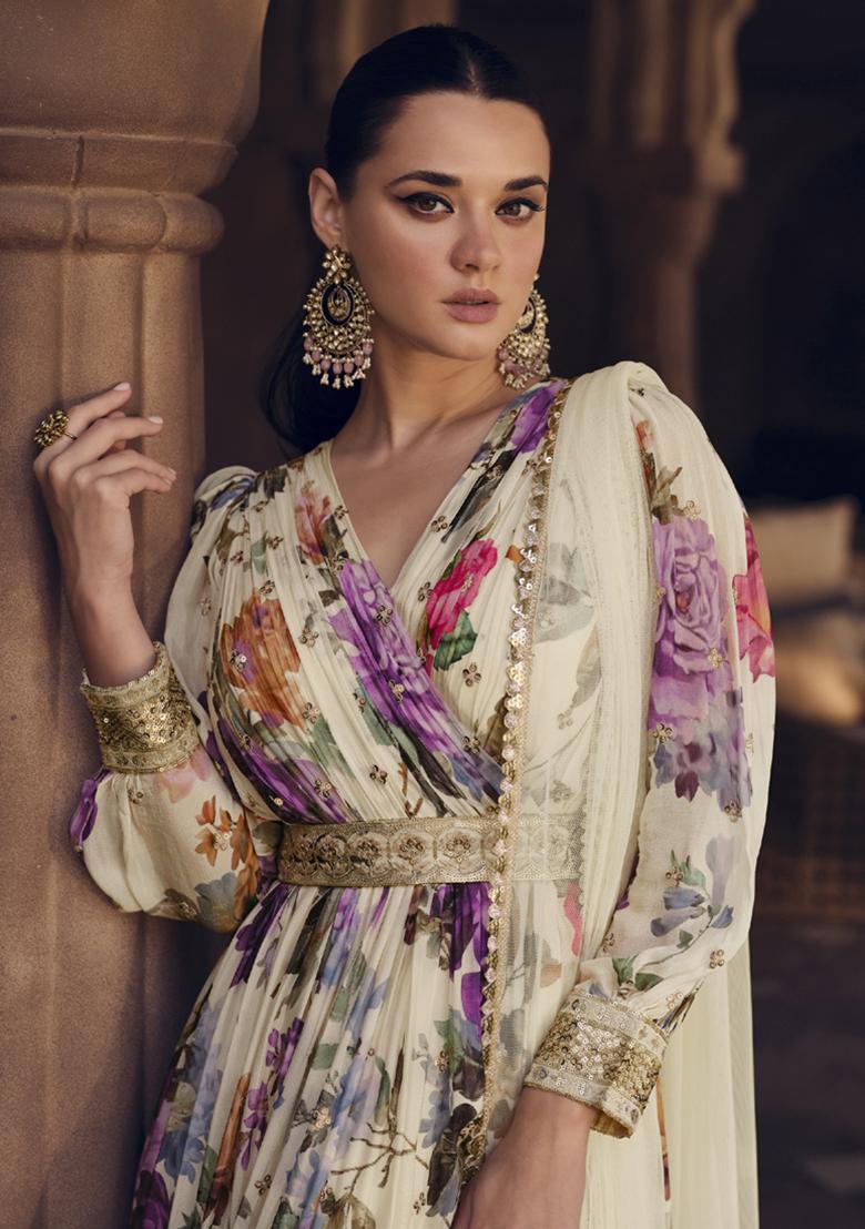 Off White Embroidered Georgette Anarkali Set