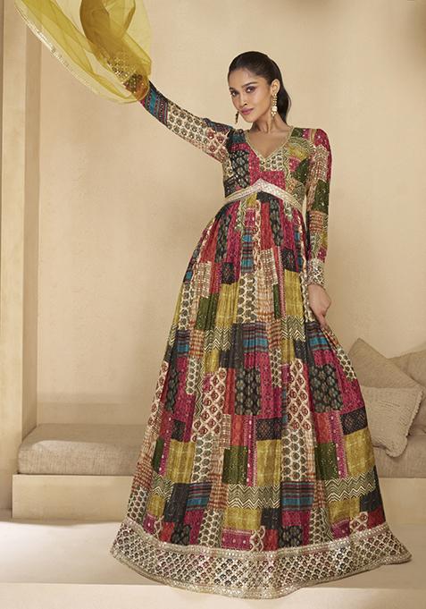 Multicolor Embroidered Georgette Anarkali With Dupatta