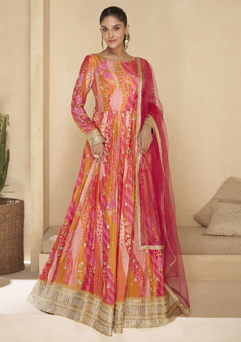 Red Printed Georgette Anarkali Set - Indya