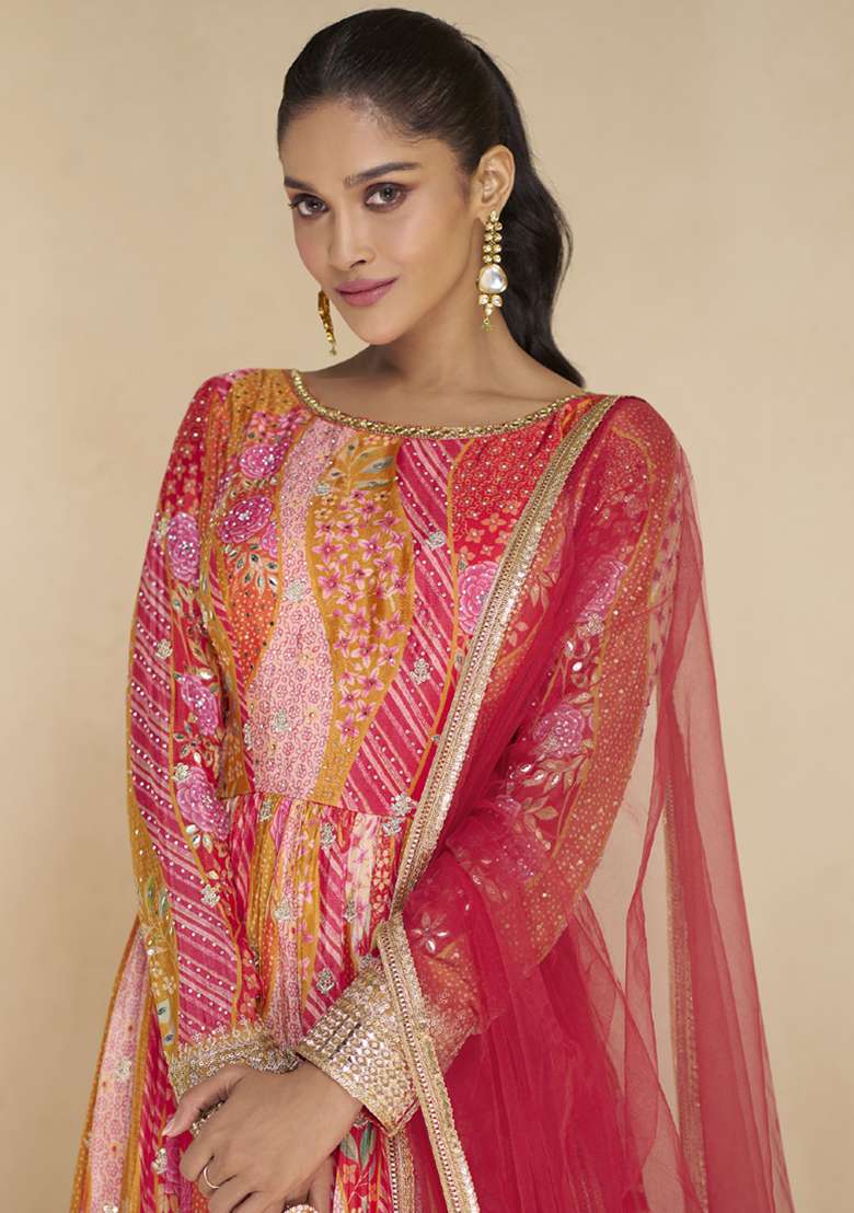 Red Printed Georgette Anarkali Set - Indya