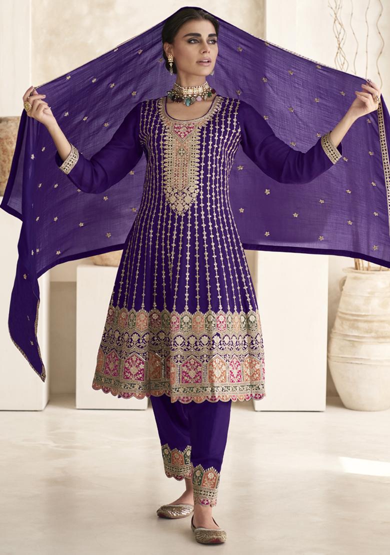 Purple Embroidered Silk Kurta Set
