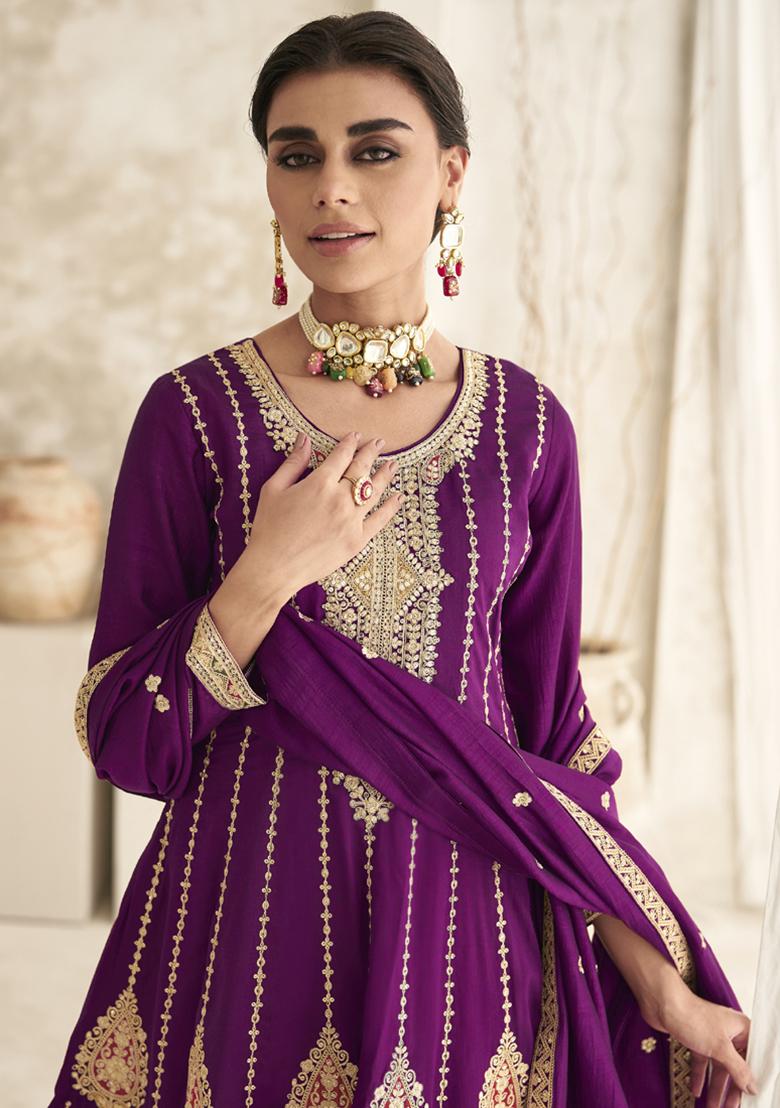 Violet Embroidered Silk Kurta Set