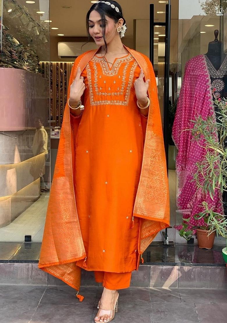 Orange Thread Embroidered Viscose Kurta Set