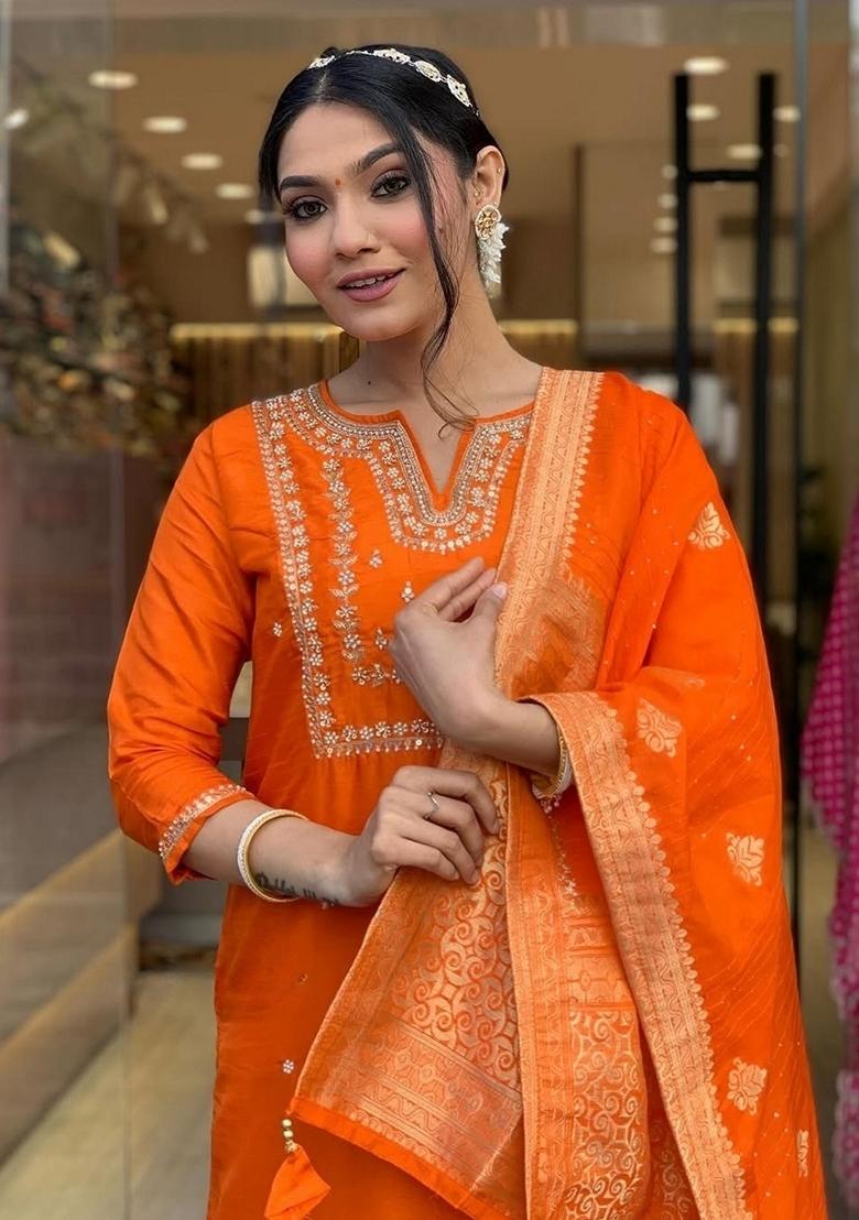 Orange Thread Embroidered Viscose Kurta Set