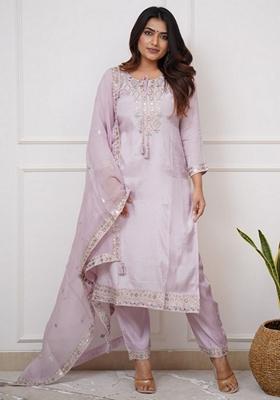 Onion Pink Thread Embroidered Viscose Kurta Set