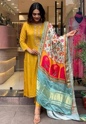 Mustard Thread Embroidered Viscose Kurta Set