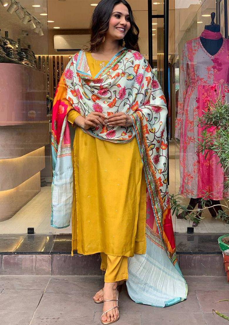 Mustard Thread Embroidered Viscose Kurta Set