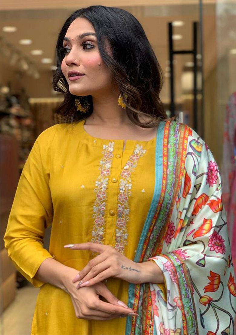 Mustard Thread Embroidered Viscose Kurta Set