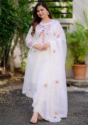 White Thread Embroidered Georgette Kurta Set
