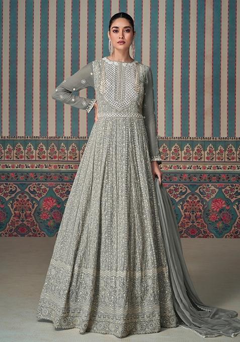 Grey Sequin Embroidered Georgette Anarkali Gown With Dupatta