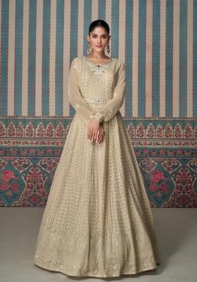 Off White Sequin Embroidered Georgette Anarkali Gown With Dupatta