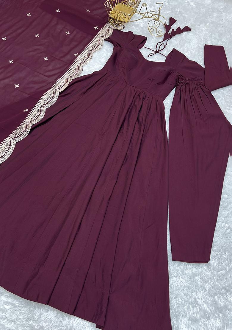 Wine Solid Silk Kurta Set