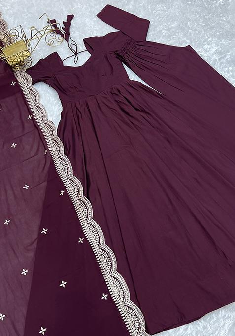 Wine Solid Silk Kurta Set