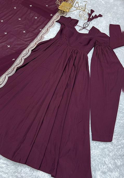 Wine Solid Silk Kurta Set