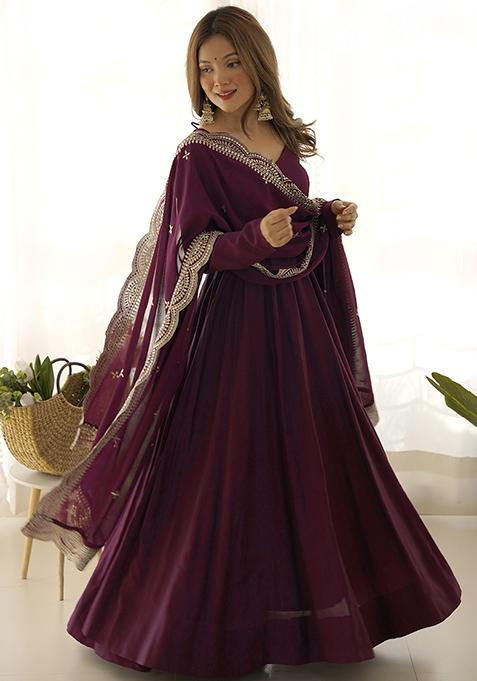 Wine Solid Silk Kurta Set