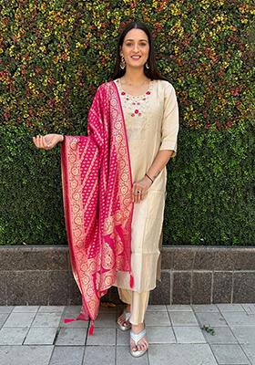 Cream Embroidered Silk Kurta Set