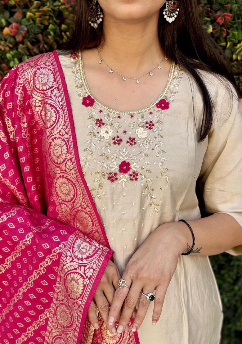Cream Embroidered Silk Kurta Set