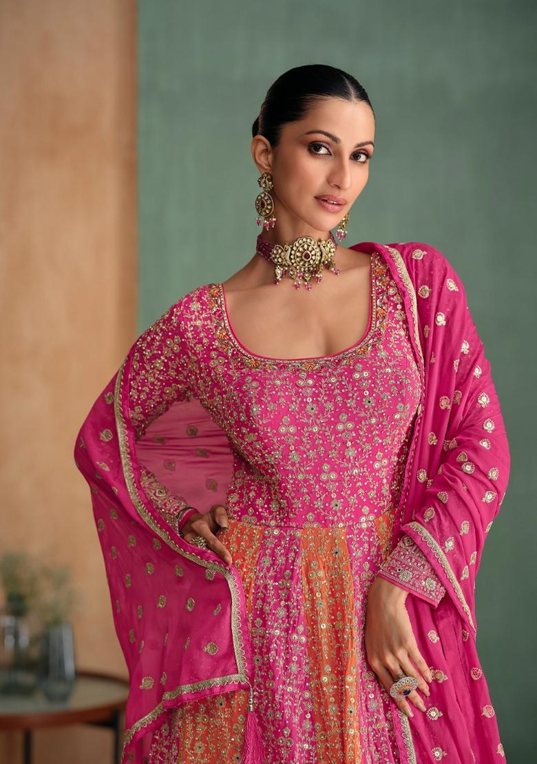 Pink Thread Sequin Embroidered Georgette Anarkali Kurta Set