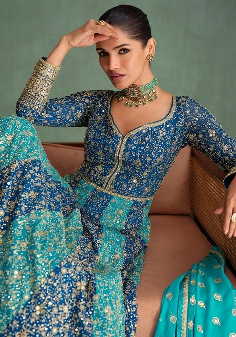 Sky Blue gorgeous thread work Anarkali with Dupatta Set - Clearance