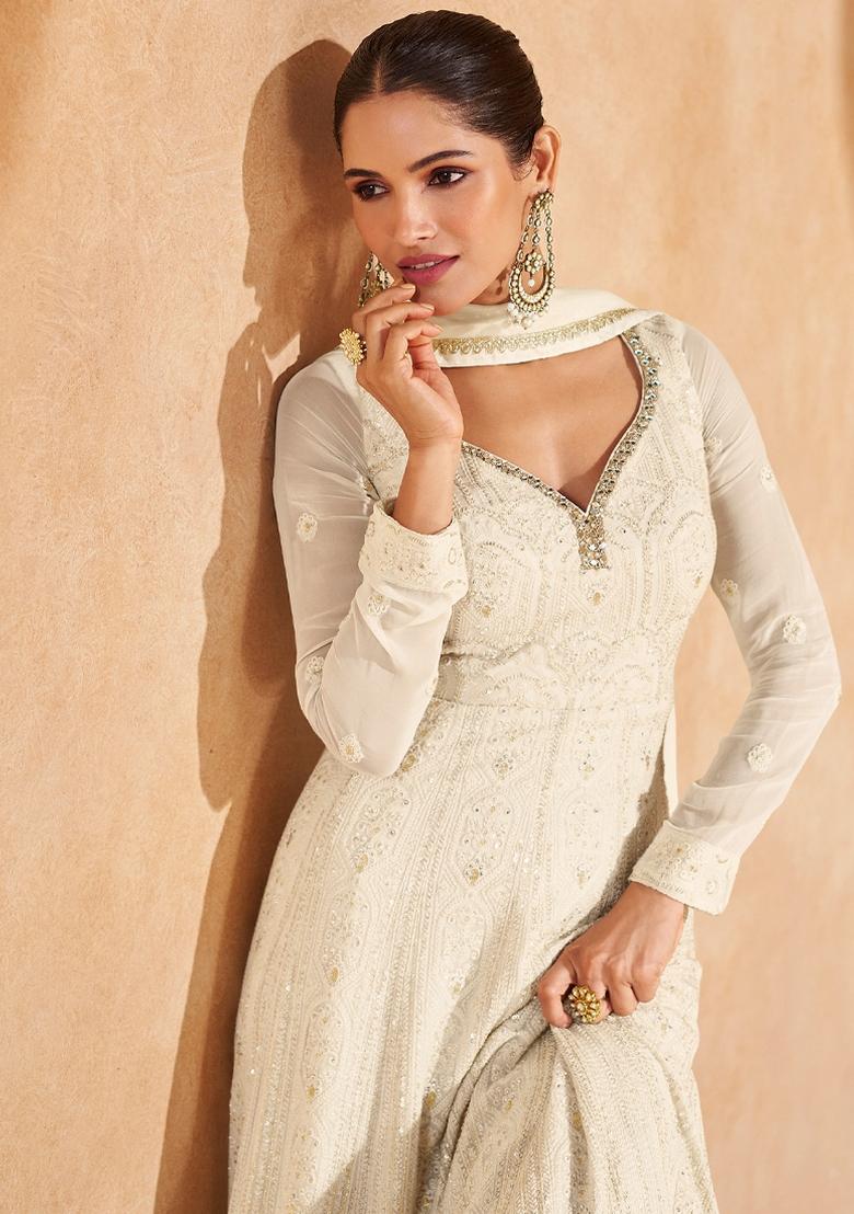 White Thread Sequin Embroidered Georgette Anarkali Kurta Set