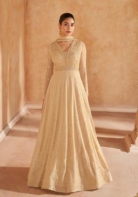 Beige Thread Sequin Embroidered Georgette Anarkali Kurta Set