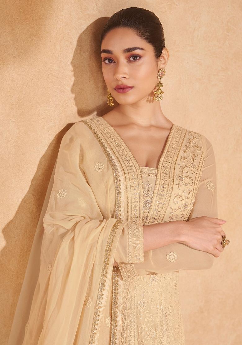 Beige Thread Sequin Embroidered Georgette Anarkali Kurta Set