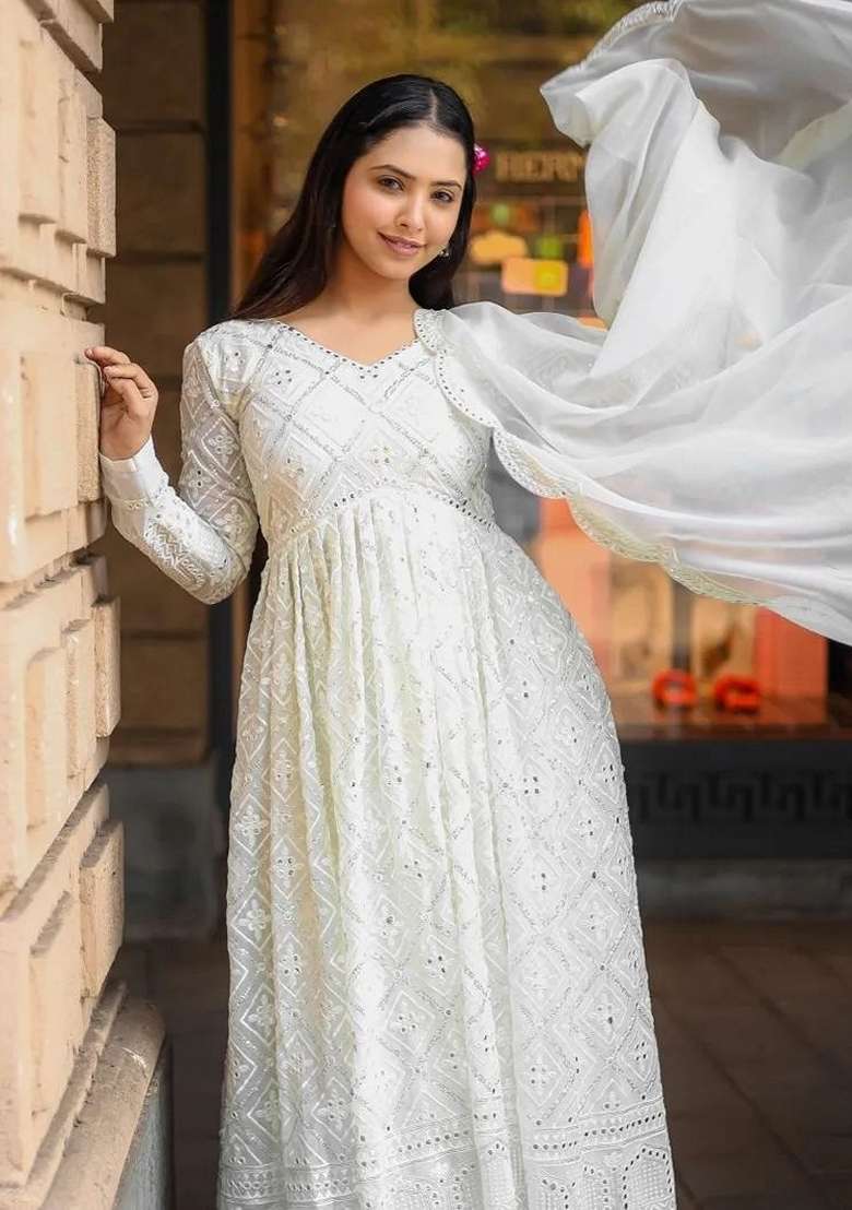 White Chikankari Muslin Anarkali Set - Indya