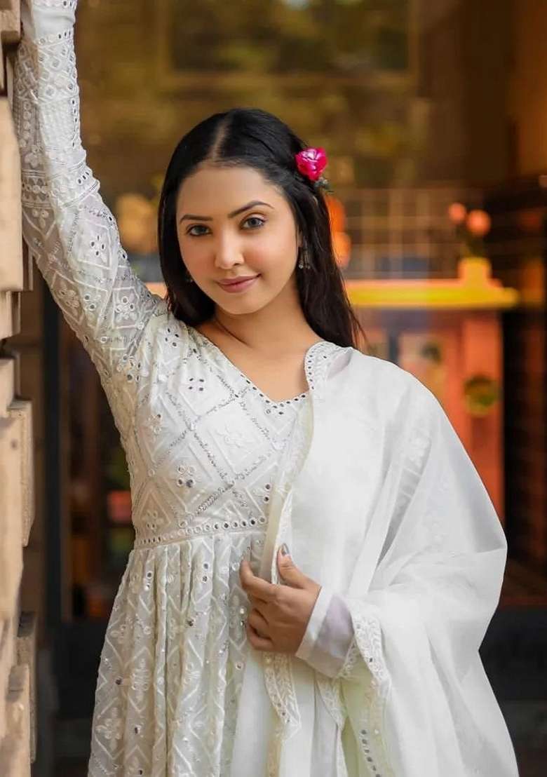 White Chikankari Muslin Anarkali Set - Indya