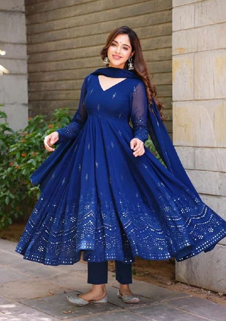 Royal Blue Mirror Work Georgette Anarkali Set - Indya