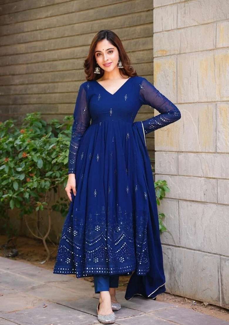 Royal Blue Mirror Work Georgette Anarkali Set - Indya