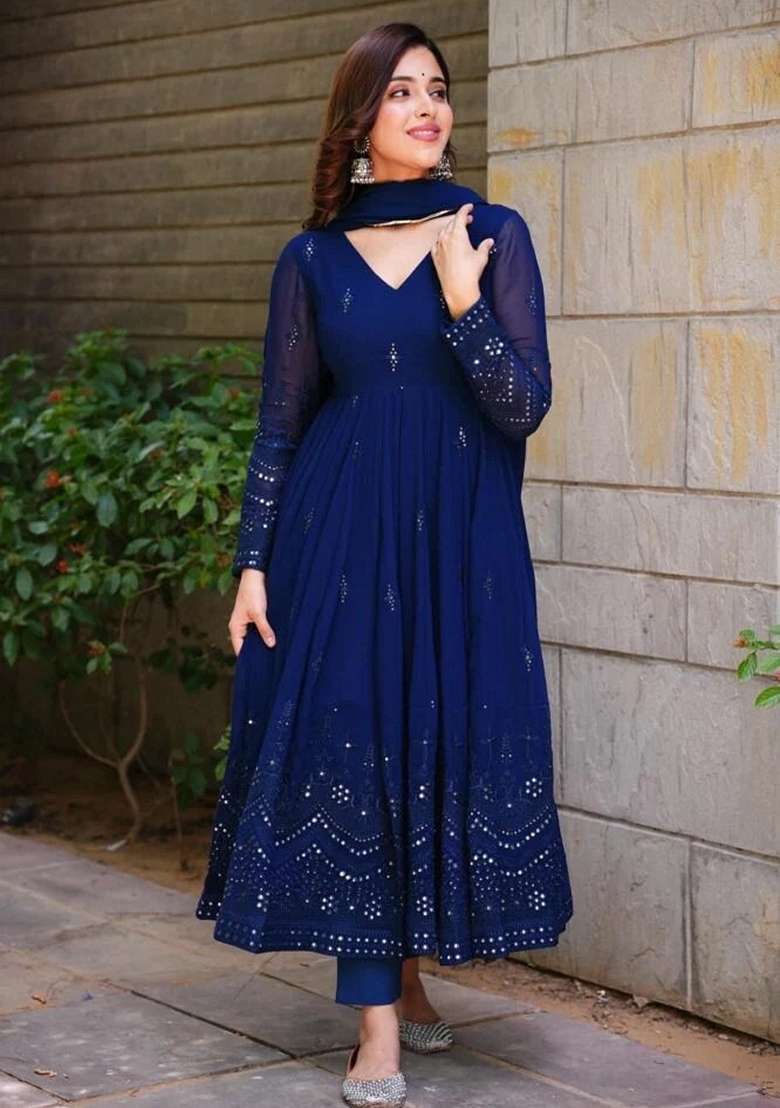 Royal Blue Mirror Work Georgette Anarkali Set - Indya