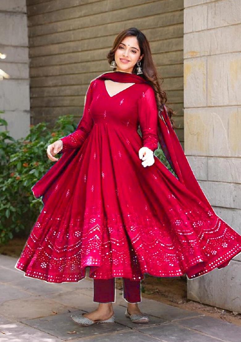 Maroon Embroidered Georgette Anarkali Set