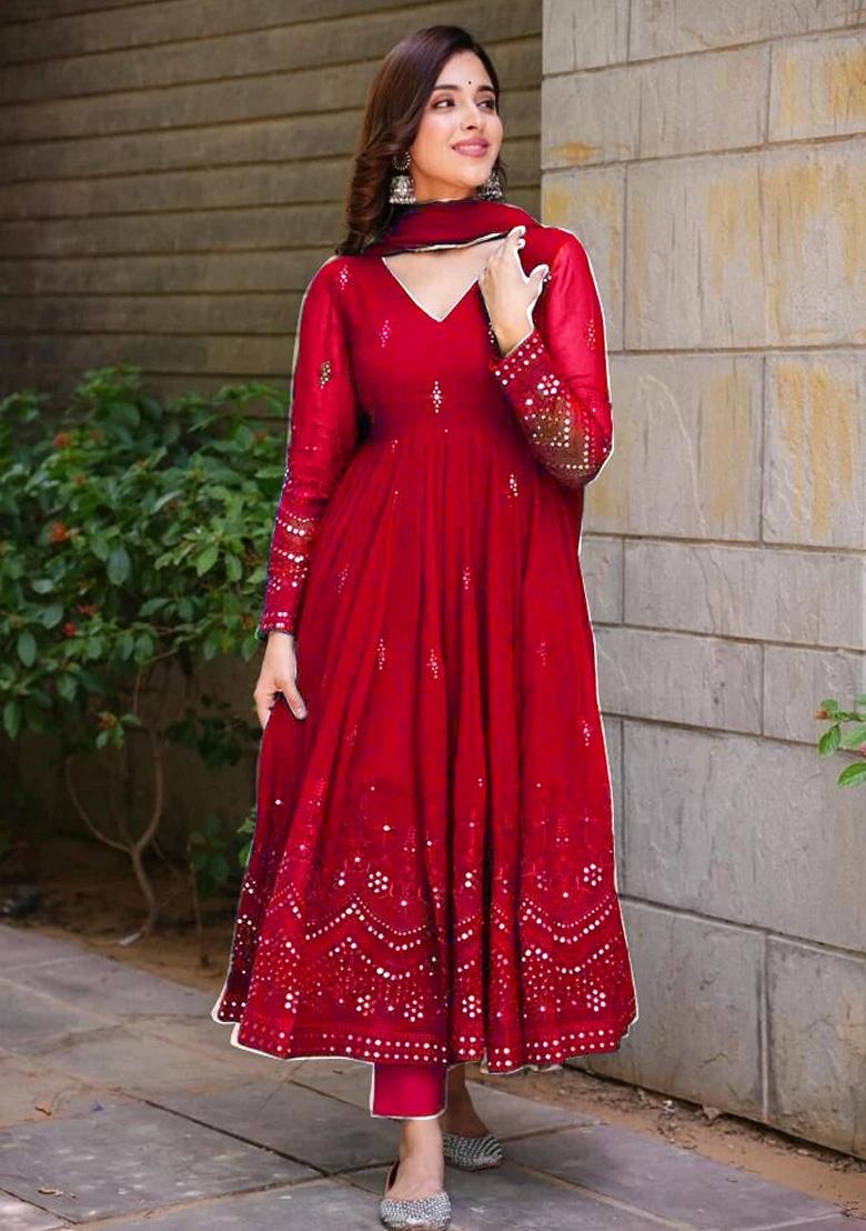 Maroon Embroidered Georgette Anarkali Set
