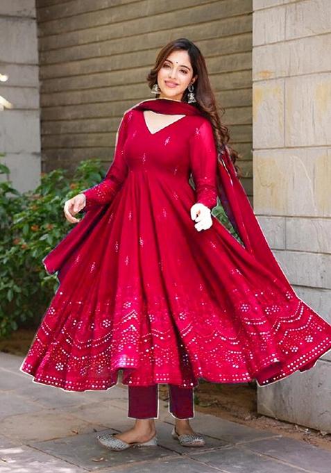 Maroon Embroidered Georgette Anarkali Set