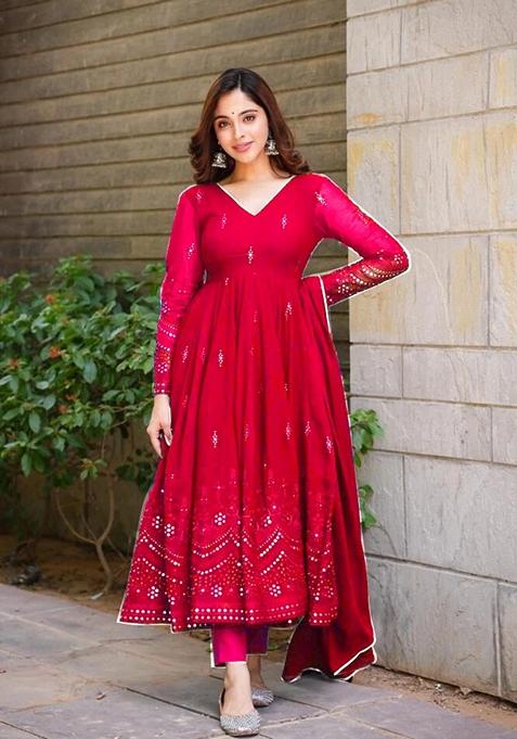 Maroon Embroidered Georgette Anarkali Set
